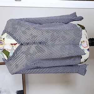 Work top, petite medium, navy and white patterned, roll sleeved button